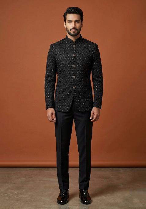 Black Embroidery Silk Bandhgala For Men