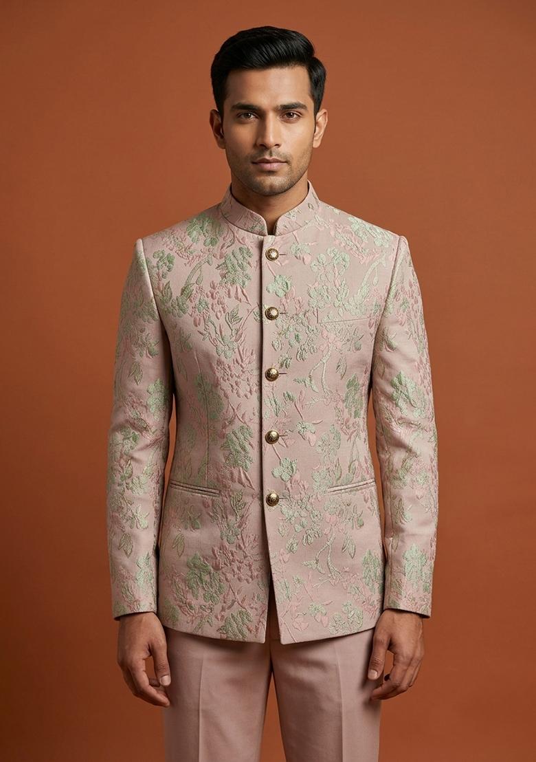 Pink Embroidery Silk Bandhgala For Men - Indya