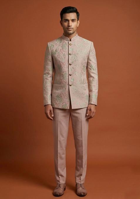 Pink Embroidery Silk Bandhgala For Men