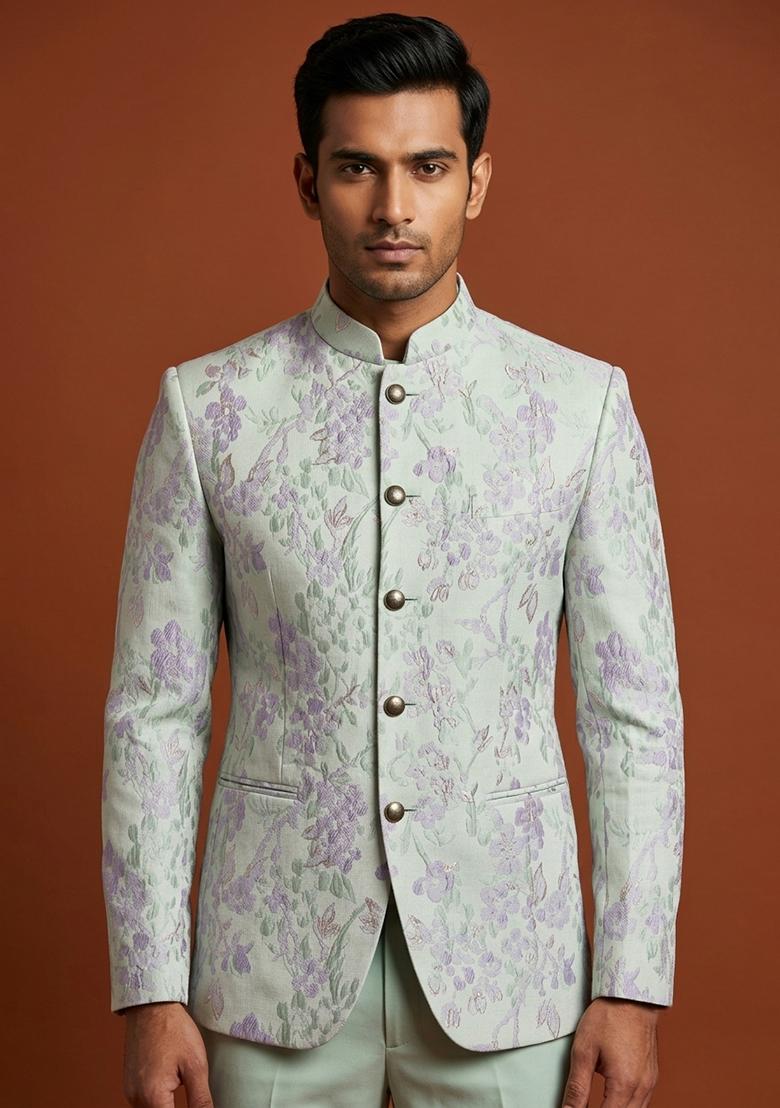 Light Green Embroidery Silk Bandhgala For Men - Indya