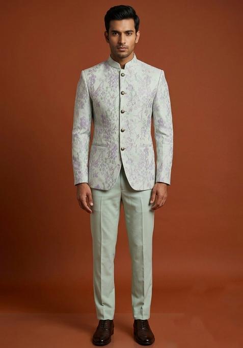 Light Green Embroidery Silk Bandhgala For Men