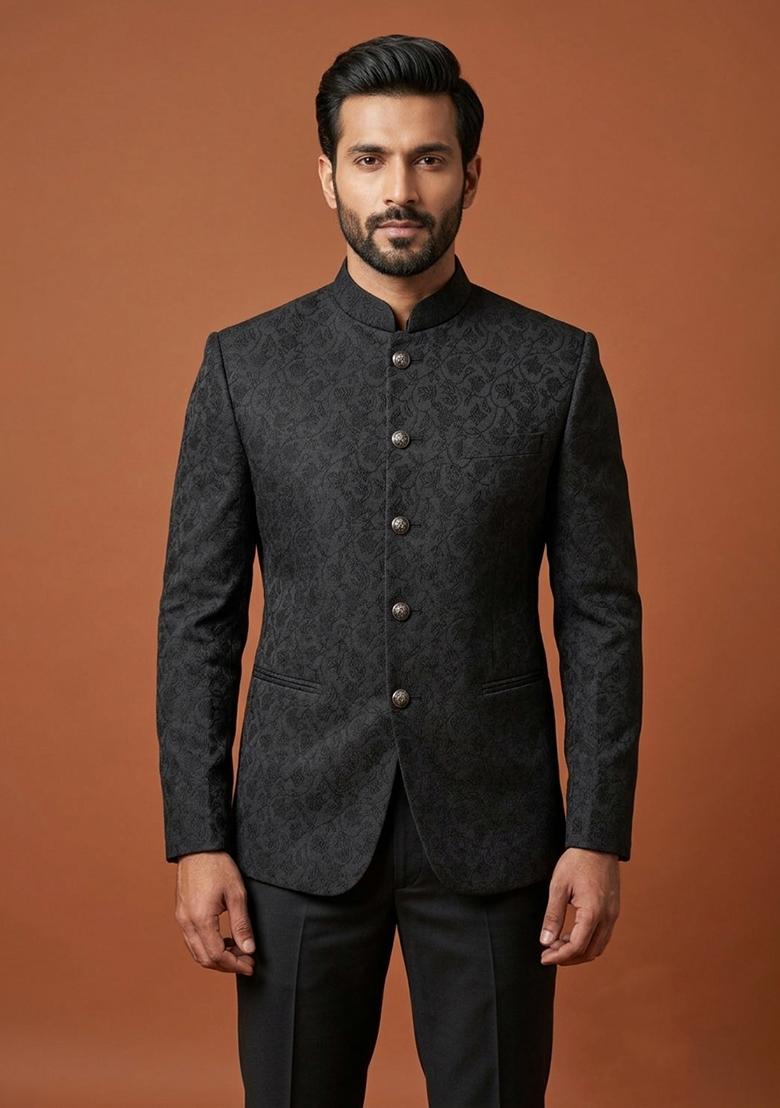 Black Embroidery Silk Bandhgala For Men - Indya