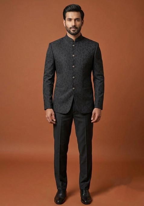 Black Embroidery Silk Bandhgala For Men