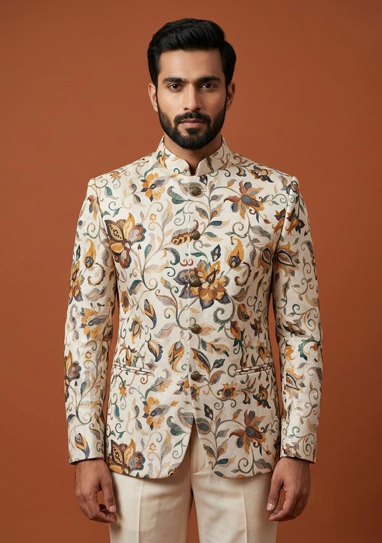Cream Embroidery Silk Bandhgala For Men - Indya