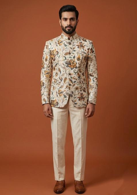 Cream Embroidery Silk Bandhgala For Men