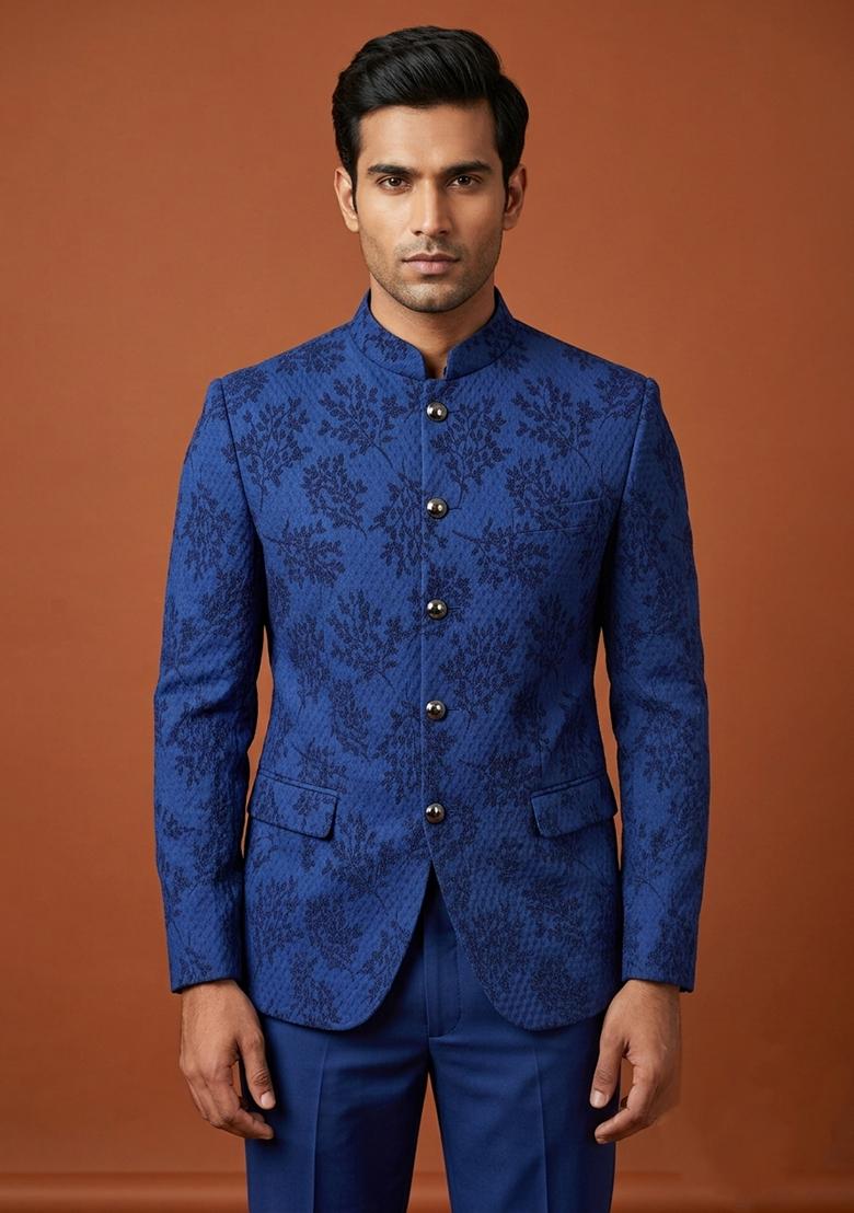 Blue Embroidery Silk Bandhgala For Men - Indya