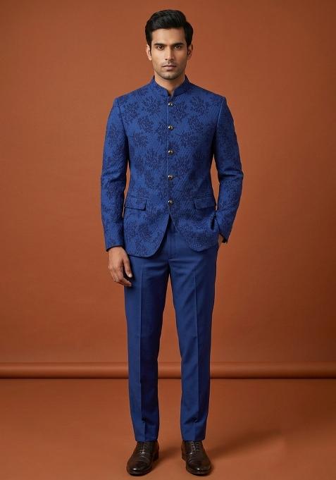 Blue Embroidery Silk Bandhgala For Men