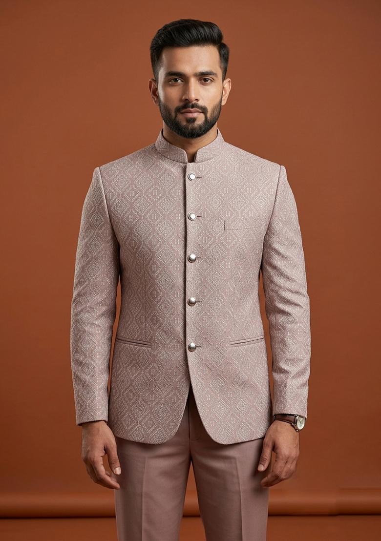 Light Pink Embroidery Silk Bandhgala For Men - Indya