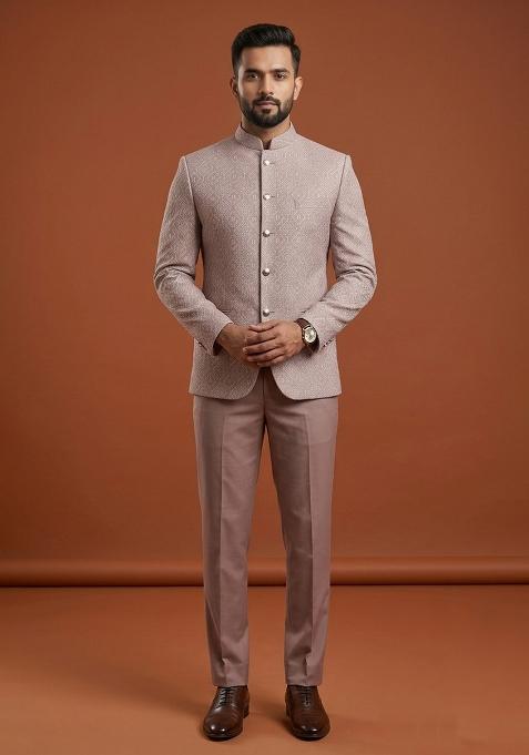 Light Pink Embroidery Silk Bandhgala For Men