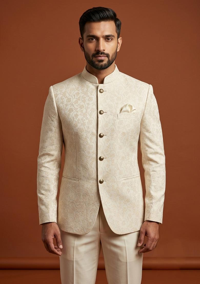 Ivory Embroidery Silk Bandhgala For Men - Indya