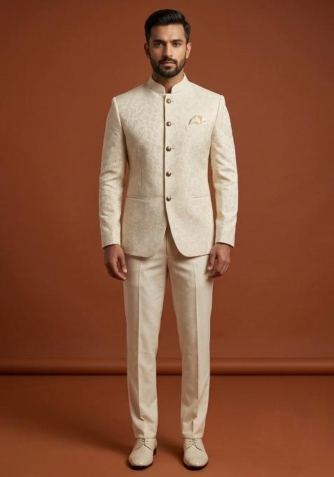 Ivory Embroidery Silk Bandhgala For Men