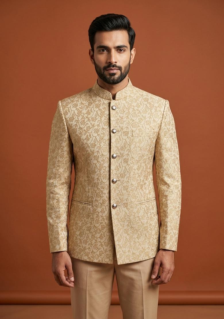 Golden Embroidery Silk Bandhgala For Men - Indya