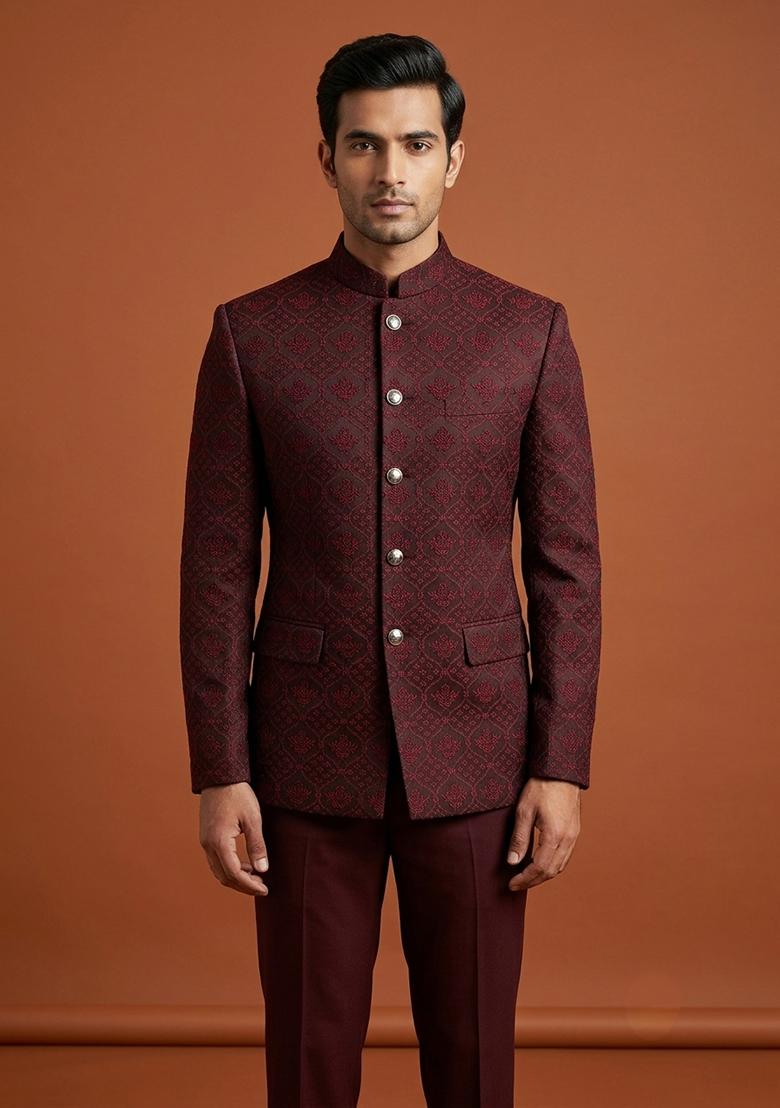 Maroon Embroidery Silk Bandhgala For Men - Indya