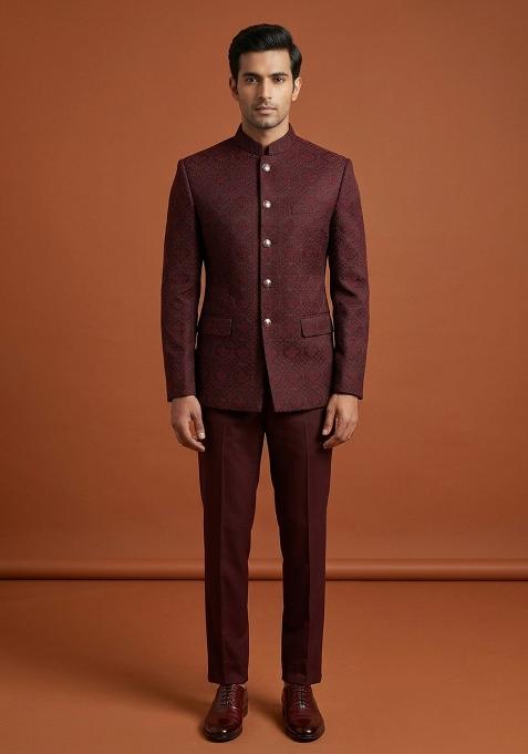 Maroon Embroidery Silk Bandhgala For Men