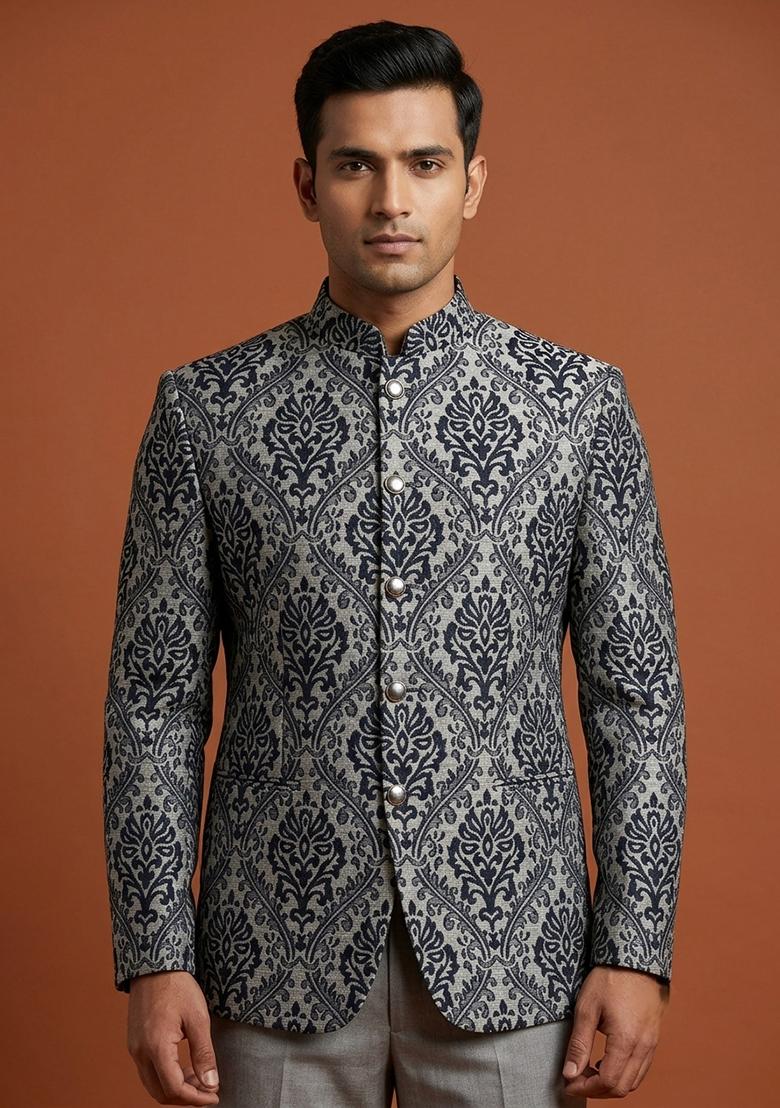 Grey Embroidery Silk Bandhgala For Men - Indya