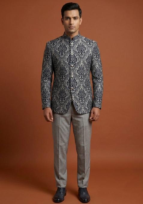Grey Embroidery Silk Bandhgala For Men