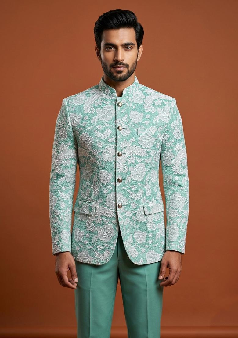 Turquoise Embroidery Silk Bandhgala For Men - Indya