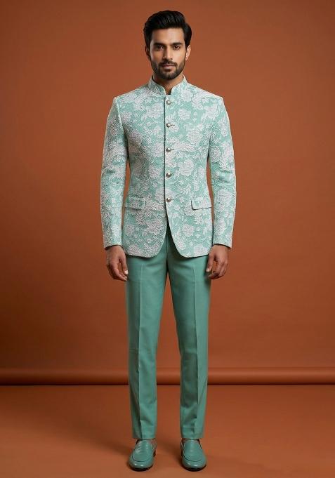 Turquoise Embroidery Silk Bandhgala For Men