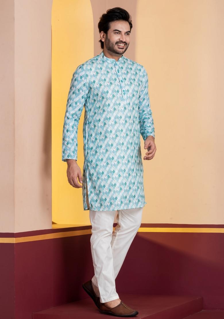 Sky Blue Embroidery Silk Kurta For Men - Indya