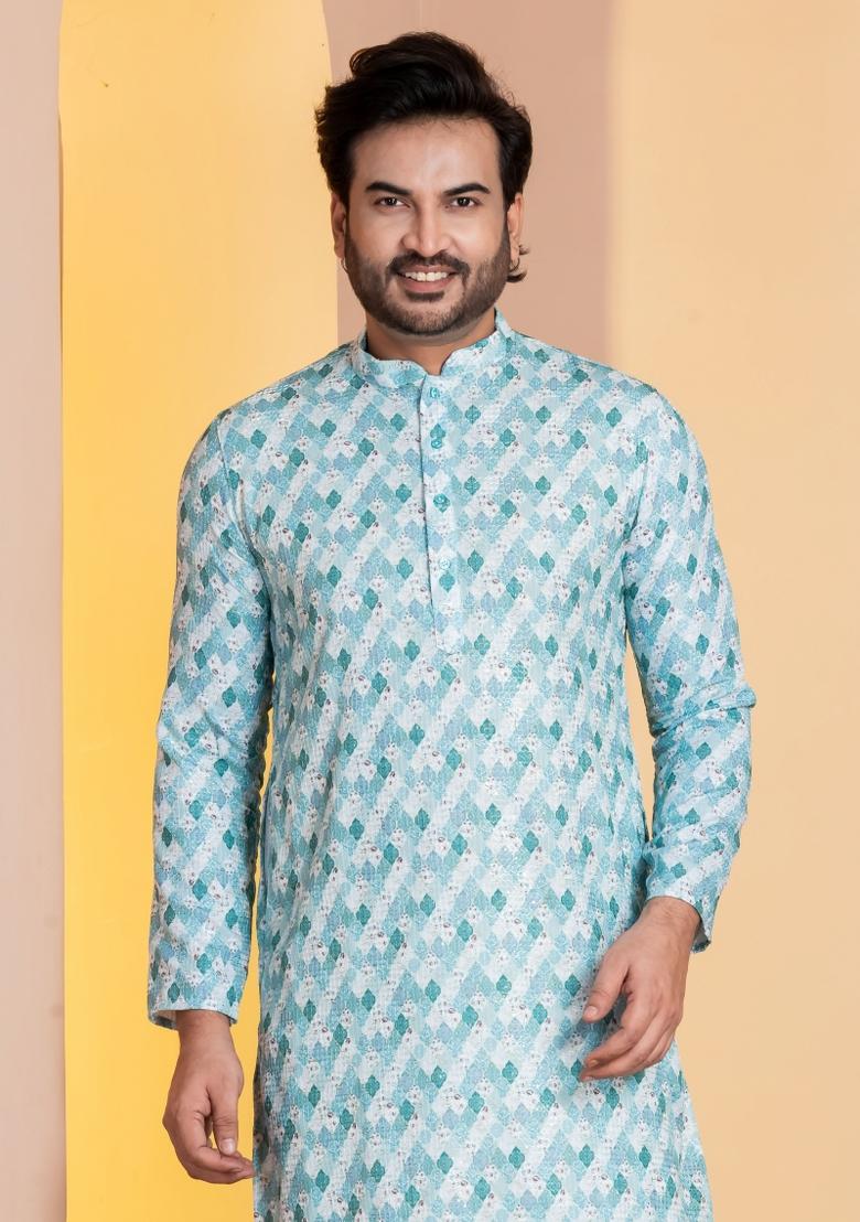 Sky Blue Embroidery Silk Kurta For Men - Indya