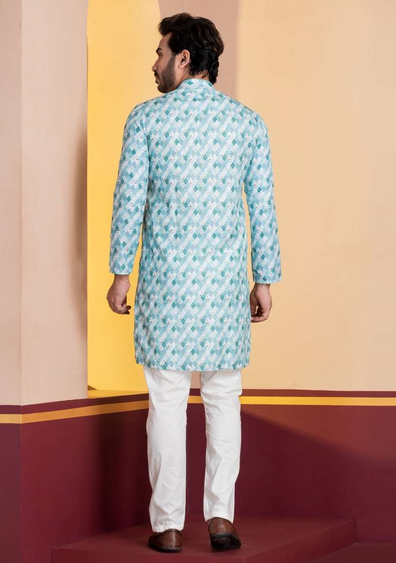 Sky Blue Embroidery Silk Kurta Set For Men - Indya