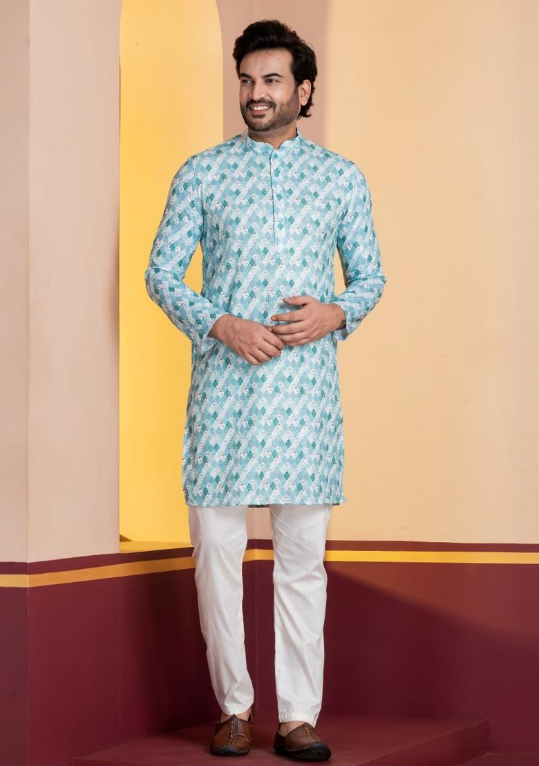 Sky Blue Embroidery Silk Kurta Set For Men - Indya