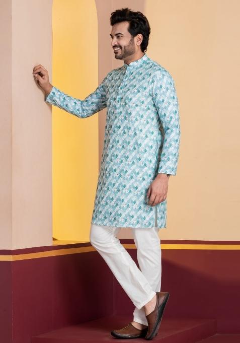 Sky Blue Embroidery Silk Kurta Set For Men