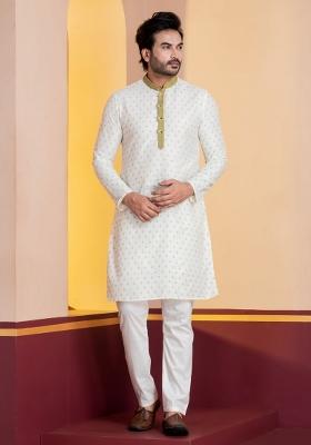 White Embroidery Silk Kurta For Men