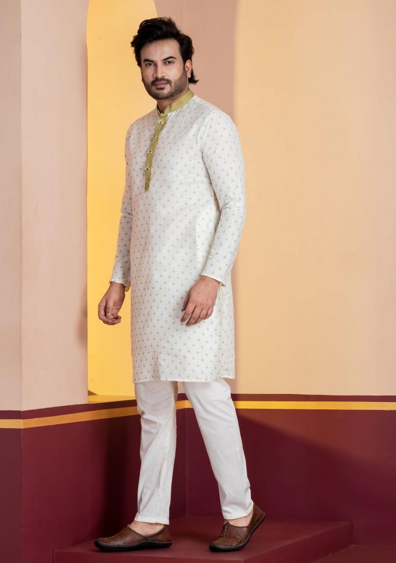 White Embroidery Silk Kurta For Men - Indya
