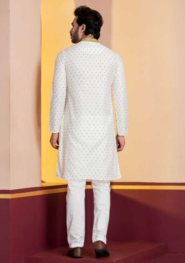 White Embroidery Silk Kurta For Men - Indya