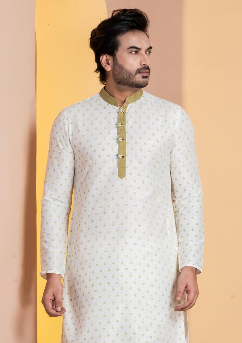 White Embroidery Silk Kurta For Men - Indya