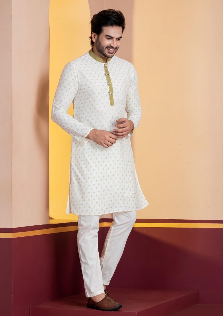 White Embroidery Silk Kurta Set For Men - Indya