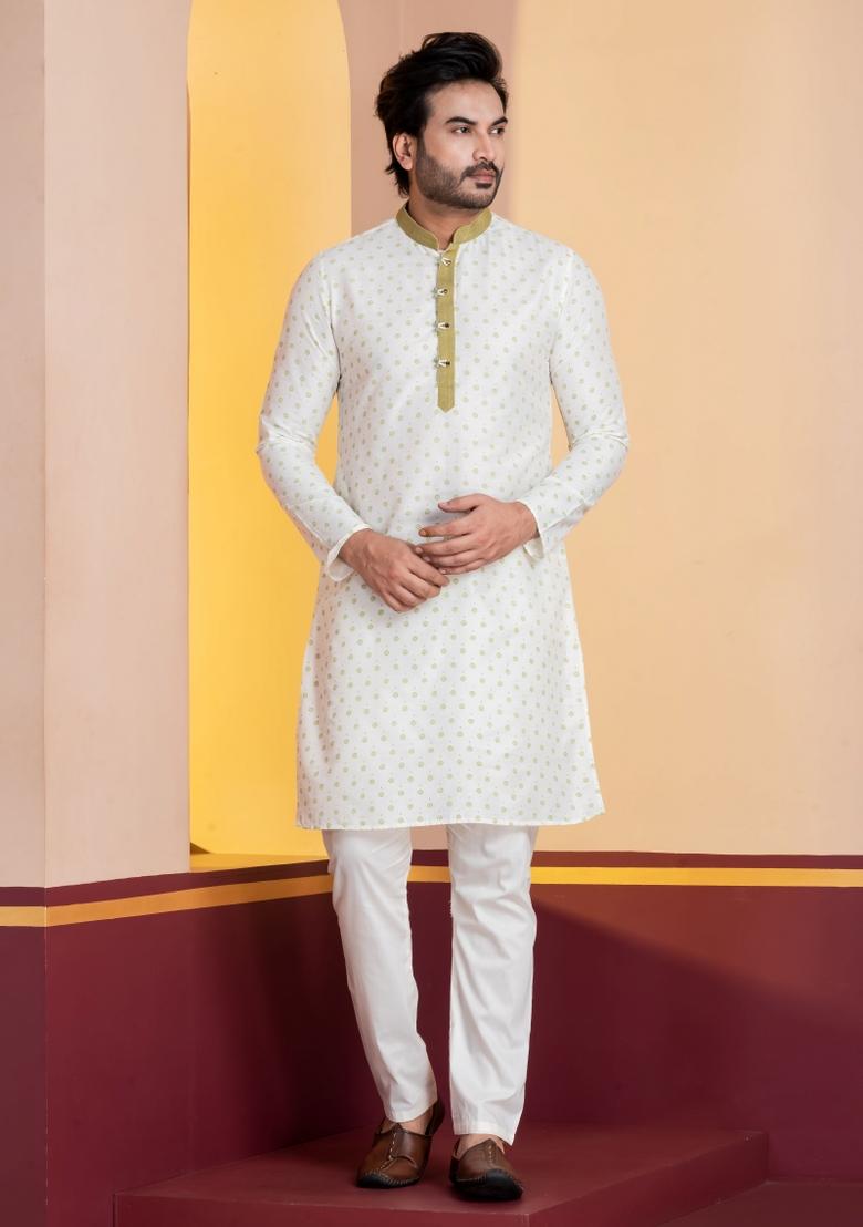 White Embroidery Silk Kurta Set For Men - Indya