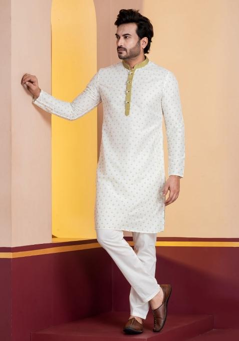 White Embroidery Silk Kurta Set For Men