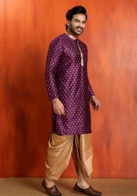 Purple Embroidery Silk Kurta For Men