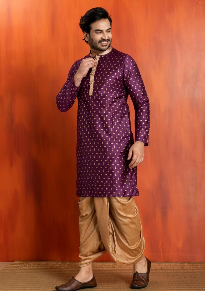 Purple Embroidery Silk Kurta For Men - Indya