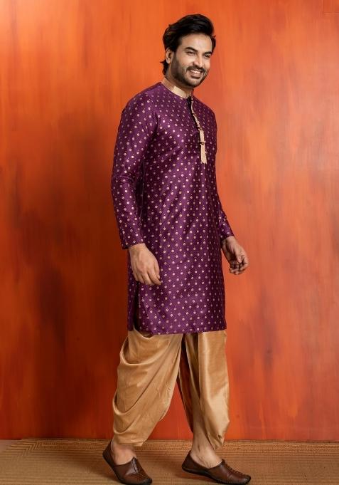 Purple Embroidery Silk Kurta For Men
