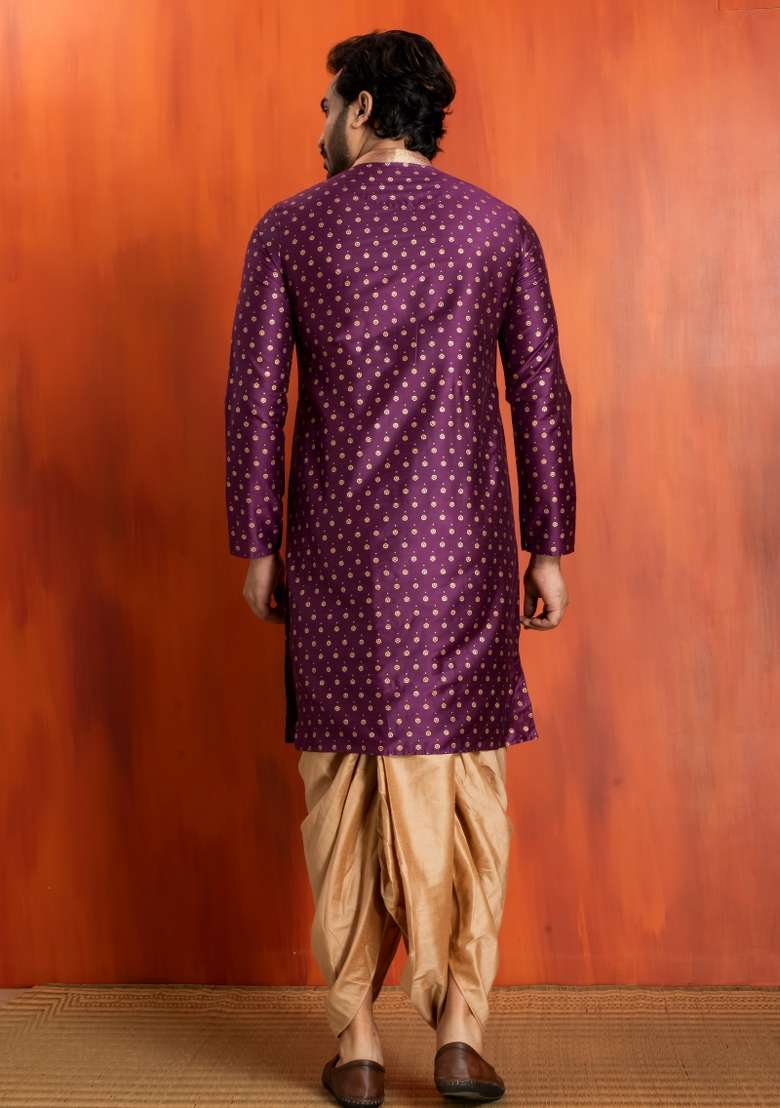 Purple Embroidery Silk Kurta Dhoti For Men - Indya