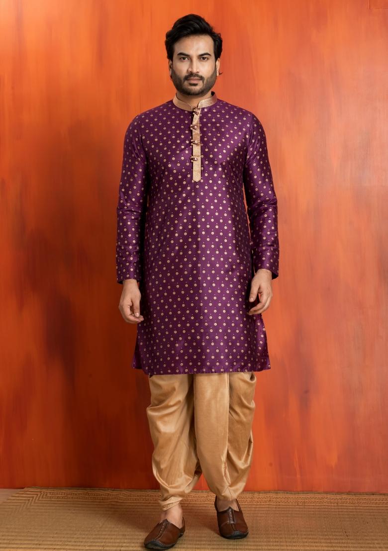 Purple Embroidery Silk Kurta Dhoti For Men - Indya