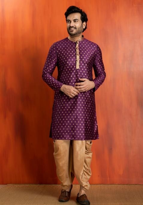 Purple Embroidery Silk Kurta Dhoti For Men
