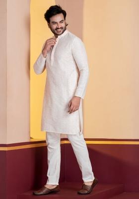 White Embroidery Silk Kurta For Men