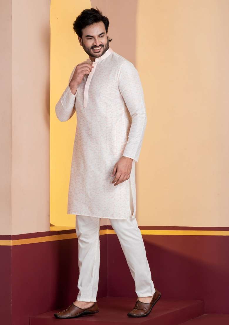 White Embroidery Silk Kurta For Men - Indya