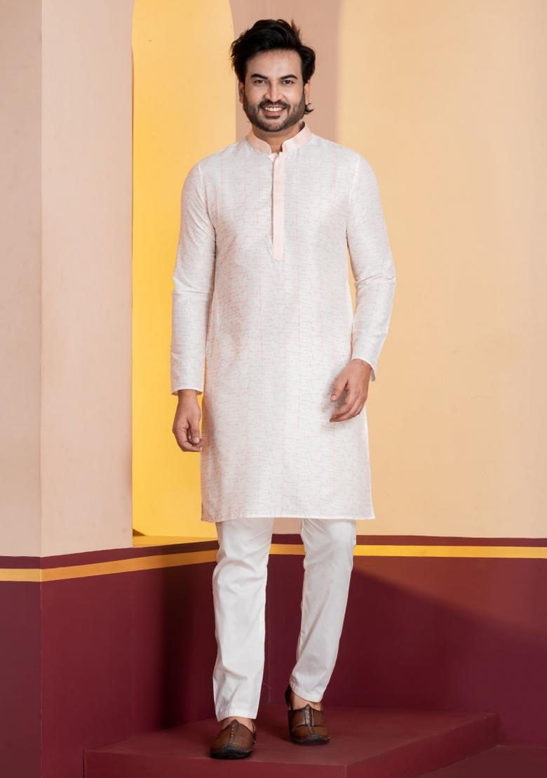 White Embroidery Silk Kurta For Men - Indya