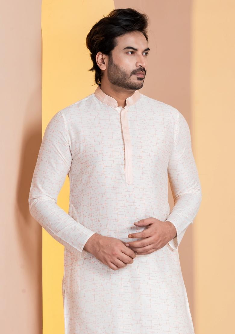 White Embroidery Silk Kurta For Men - Indya