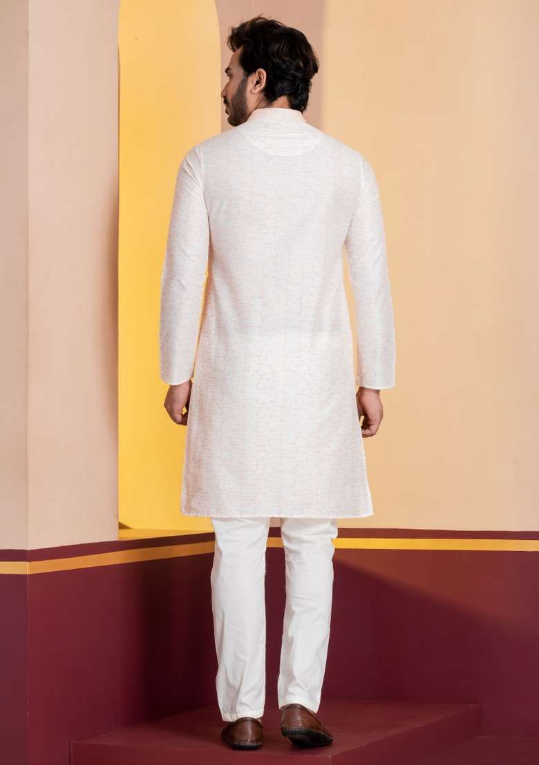 White Embroidery Silk Kurta Set For Men - Indya