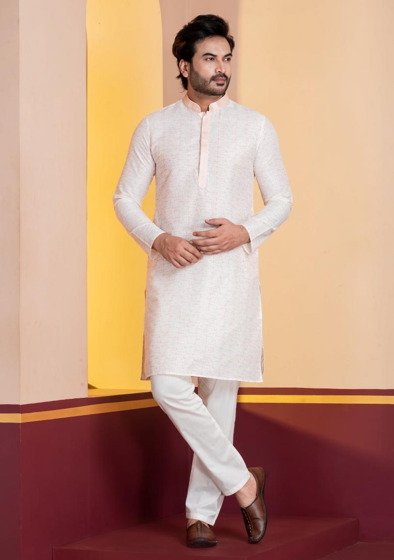White Embroidery Silk Kurta Set For Men - Indya