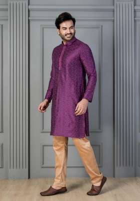 Purple Embroidery Silk Kurta For Men