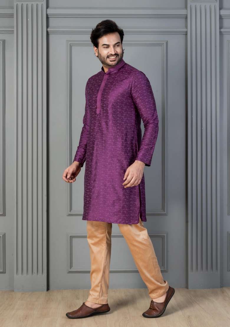 Purple Embroidery Silk Kurta For Men - Indya