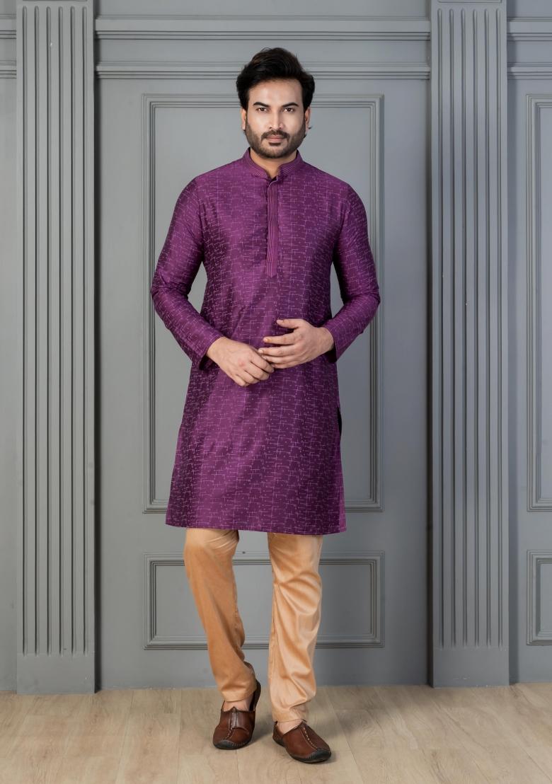 Purple Embroidery Silk Kurta For Men - Indya