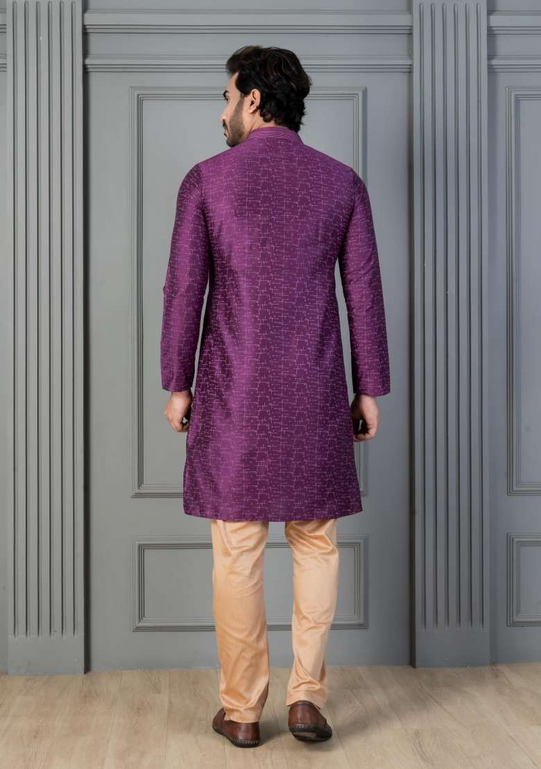 Purple Embroidery Silk Kurta For Men - Indya